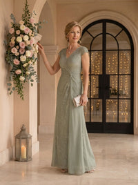 Chiffon V Neck A Line Cap Sleeves Floor Length Mother of the Bride/Groom Dresses