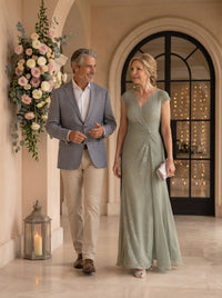 Chiffon V Neck A Line Cap Sleeves Floor Length Mother of the Bride/Groom Dresses