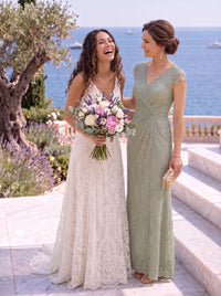 Chiffon V Neck A Line Cap Sleeves Floor Length Mother of the Bride/Groom Dresses