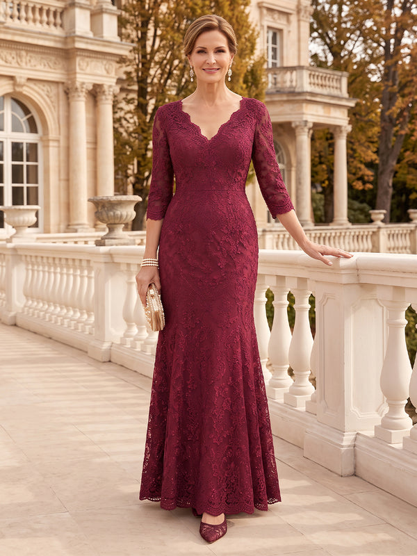 Lace V Neck Mermaid/Sheath Mother of the Bride/Groom Dresses with 3/4 Sleeves Lace Floor Length