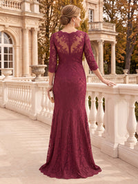 Lace V Neck Mermaid/Sheath Mother of the Bride/Groom Dresses with 3/4 Sleeves Lace Floor Length