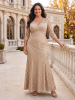 Plus Size V Neck Mermaid/Sheath Mother of the Bride/Groom Dresses 3/4 Sleeves Lace Floor Length