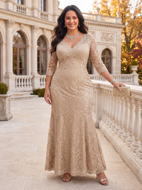 Plus Size V Neck Mermaid/Sheath Mother of the Bride/Groom Dresses 3/4 Sleeves Lace Floor Length