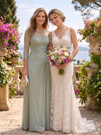 Chiffon Jewel A Line Floor Length Lace Appliques Mother of the Bride/Groom Dresses