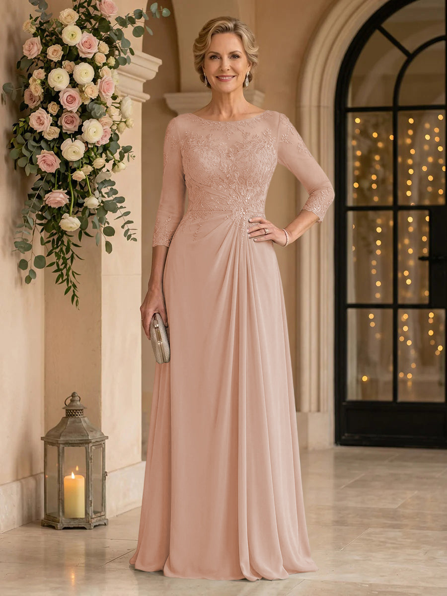 Chiffon Jewel A Line Floor Length Lace Appliques Mother of the Bride/Groom Dresses