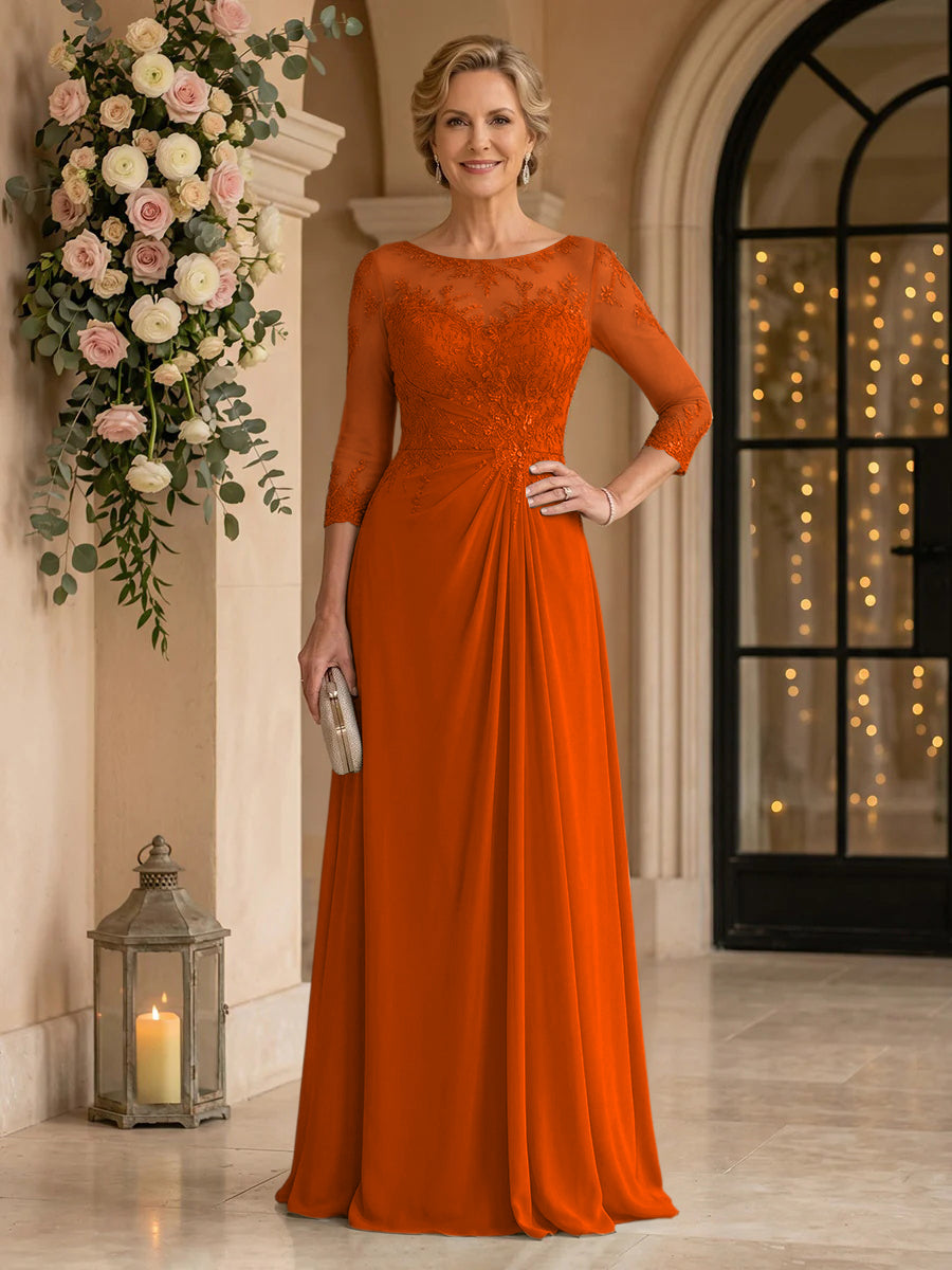 Chiffon Jewel A Line Floor Length Lace Appliques Mother of the Bride/Groom Dresses