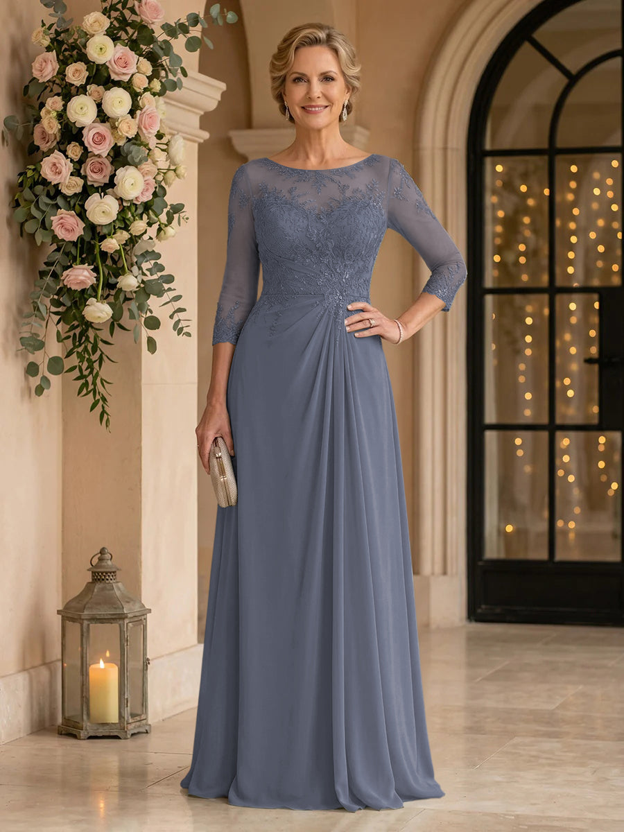 Chiffon Jewel A Line Floor Length Lace Appliques Mother of the Bride/Groom Dresses