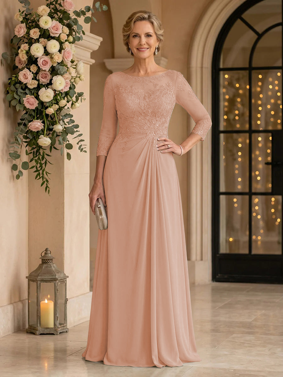 Chiffon Jewel A Line Floor Length Lace Appliques Mother of the Bride/Groom Dresses