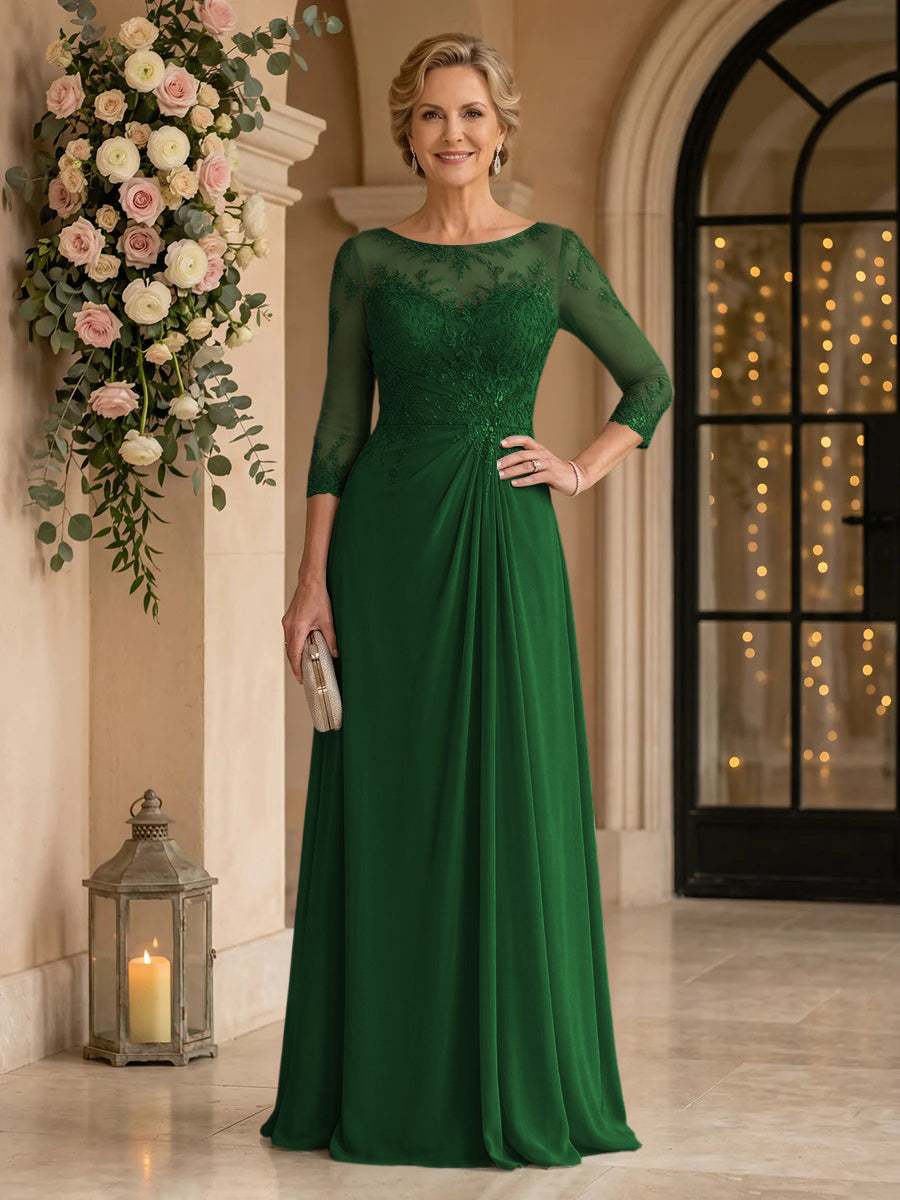 Chiffon Jewel A Line Floor Length Lace Appliques Mother of the Bride/Groom Dresses