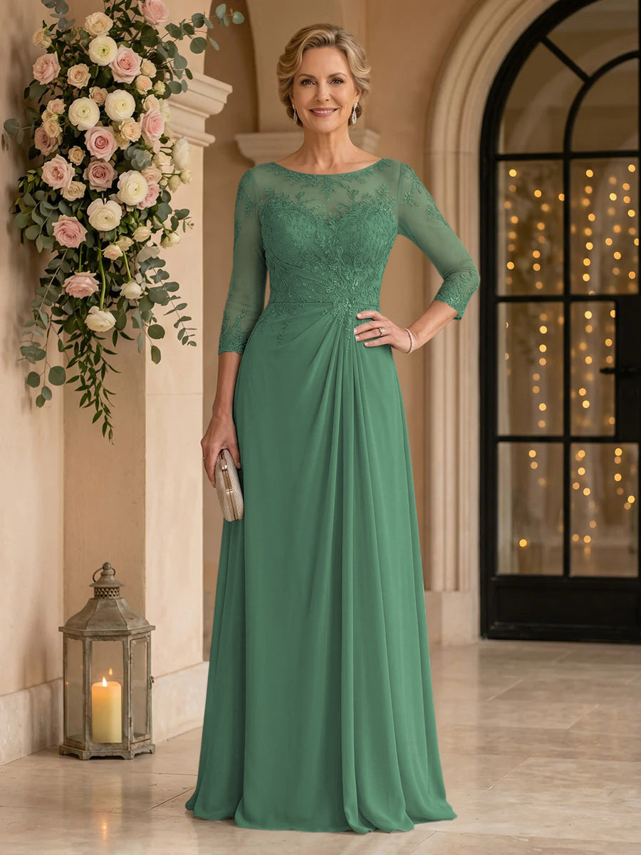 Chiffon Jewel A Line Floor Length Lace Appliques Mother of the Bride/Groom Dresses