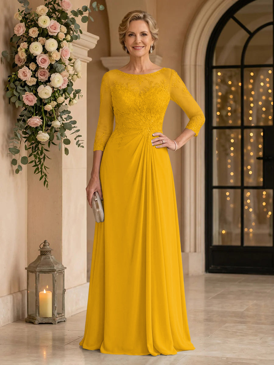 Chiffon Jewel A Line Floor Length Lace Appliques Mother of the Bride/Groom Dresses