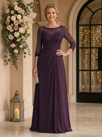 Chiffon Jewel A Line Floor Length Lace Appliques Mother of the Bride/Groom Dresses