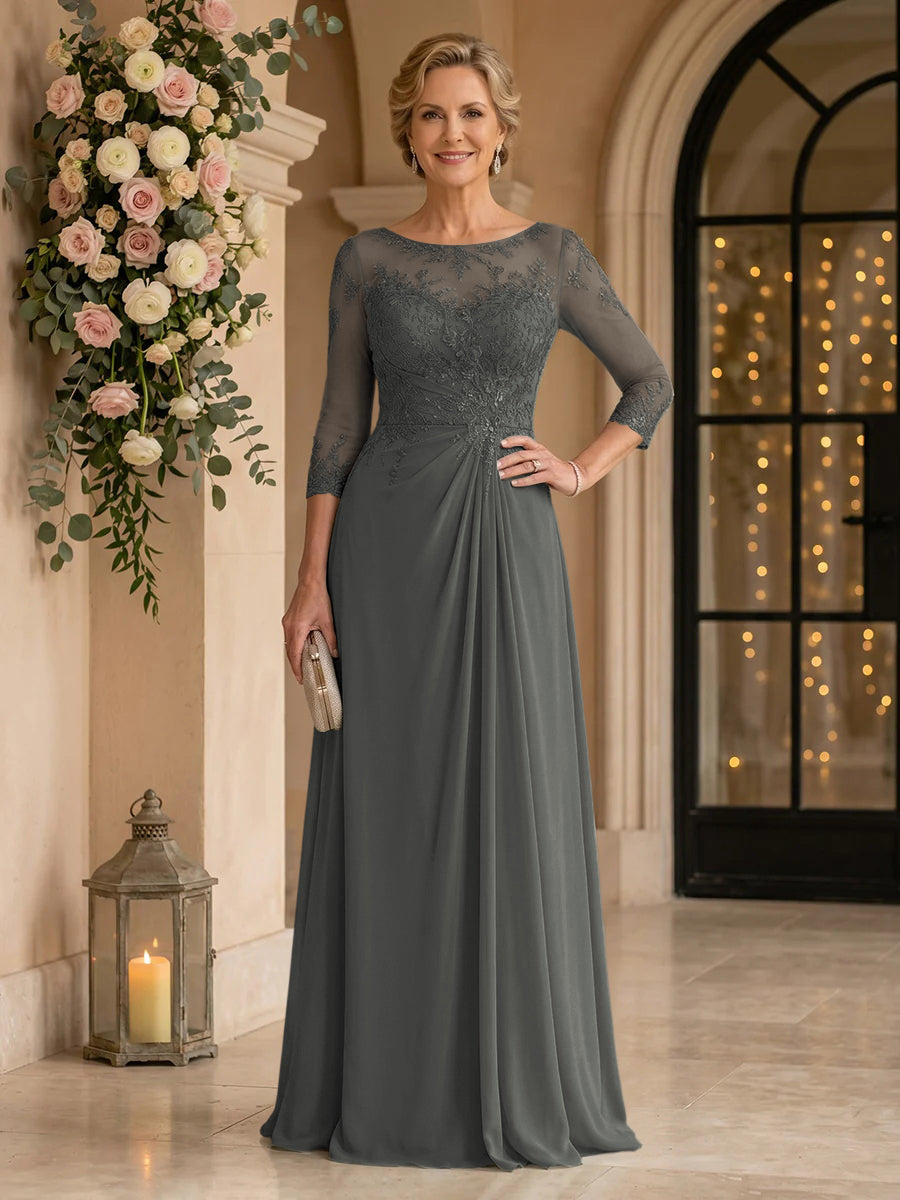 Chiffon Jewel A Line Floor Length Lace Appliques Mother of the Bride/Groom Dresses