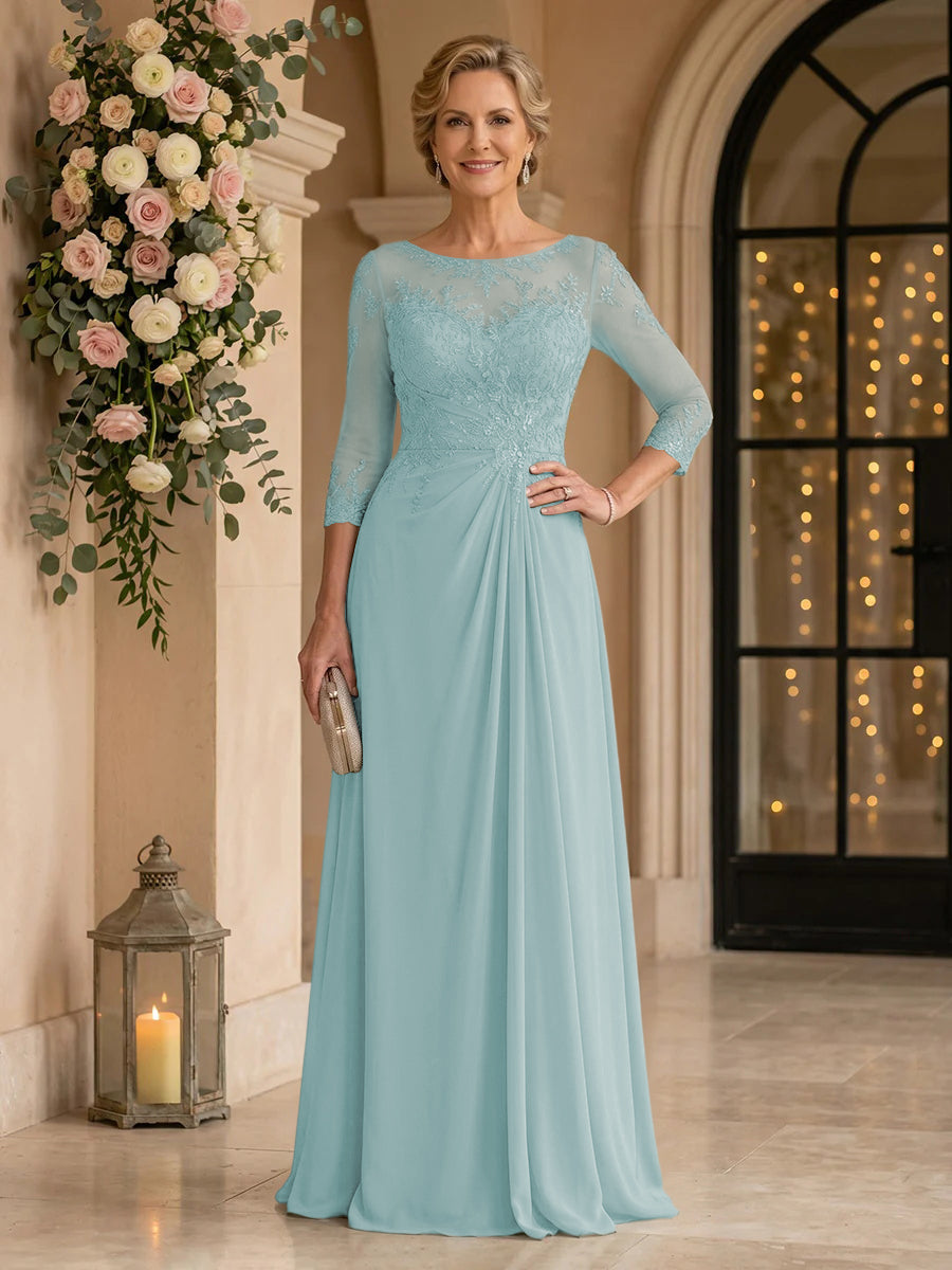 Chiffon Jewel A Line Floor Length Lace Appliques Mother of the Bride/Groom Dresses