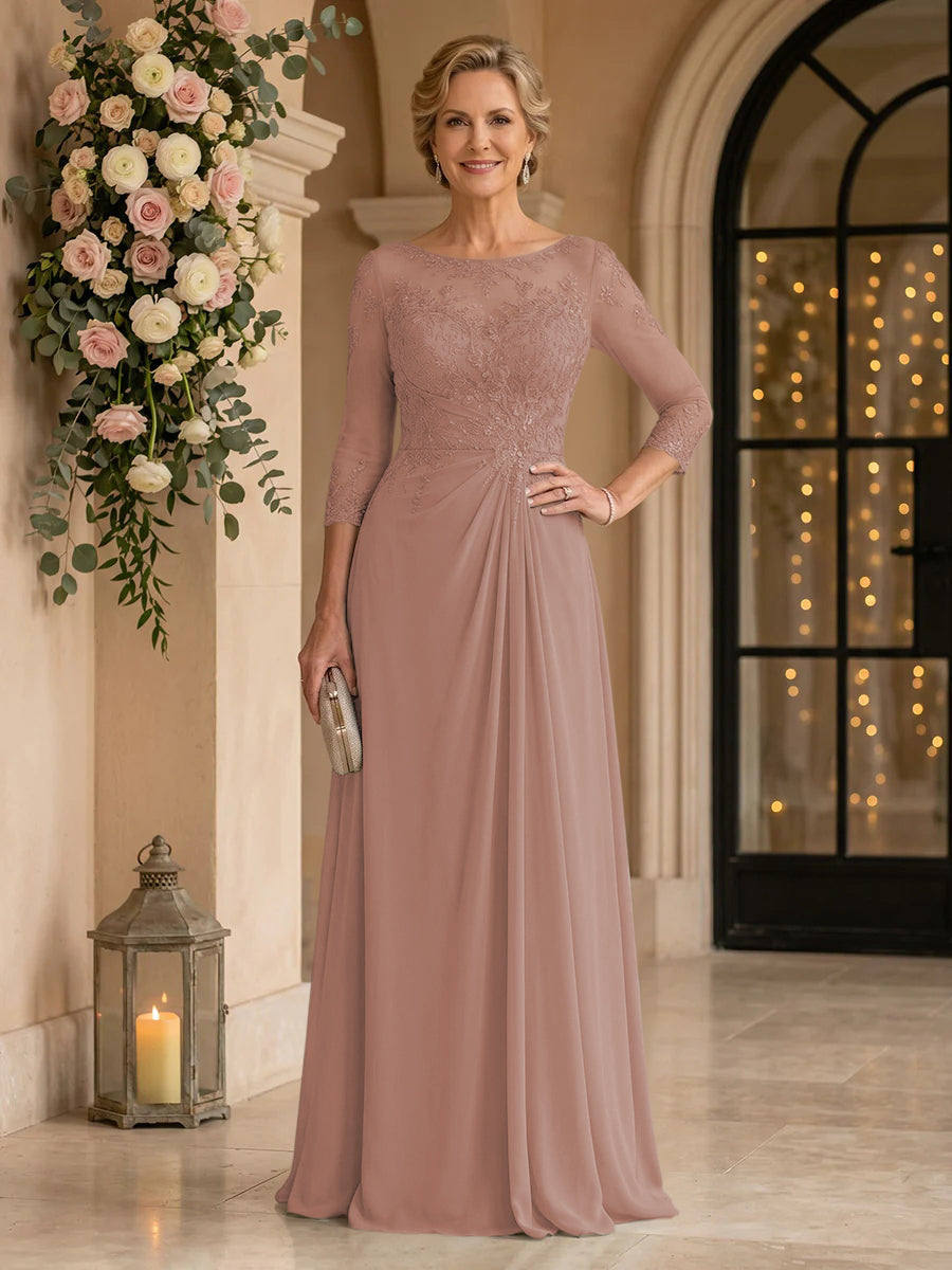 Chiffon Jewel A Line Floor Length Lace Appliques Mother of the Bride/Groom Dresses