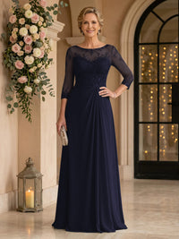 Chiffon Jewel A Line Floor Length Lace Appliques Mother of the Bride/Groom Dresses