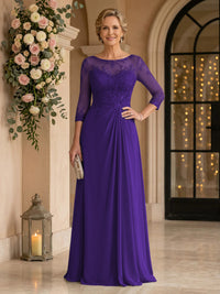 Chiffon Jewel A Line Floor Length Lace Appliques Mother of the Bride/Groom Dresses