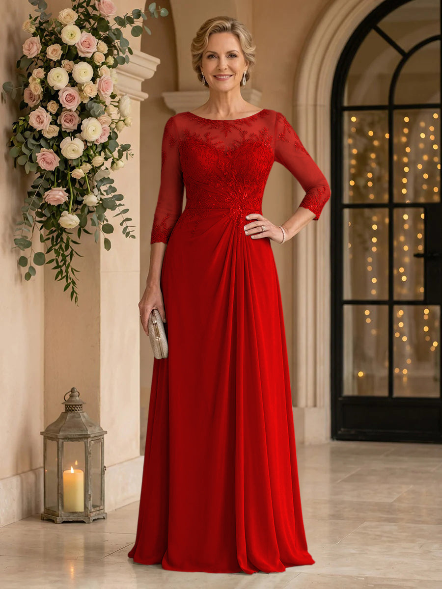 Chiffon Jewel A Line Floor Length Lace Appliques Mother of the Bride/Groom Dresses