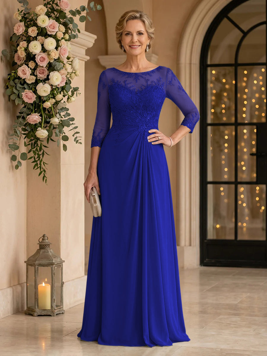 Chiffon Jewel A Line Floor Length Lace Appliques Mother of the Bride/Groom Dresses