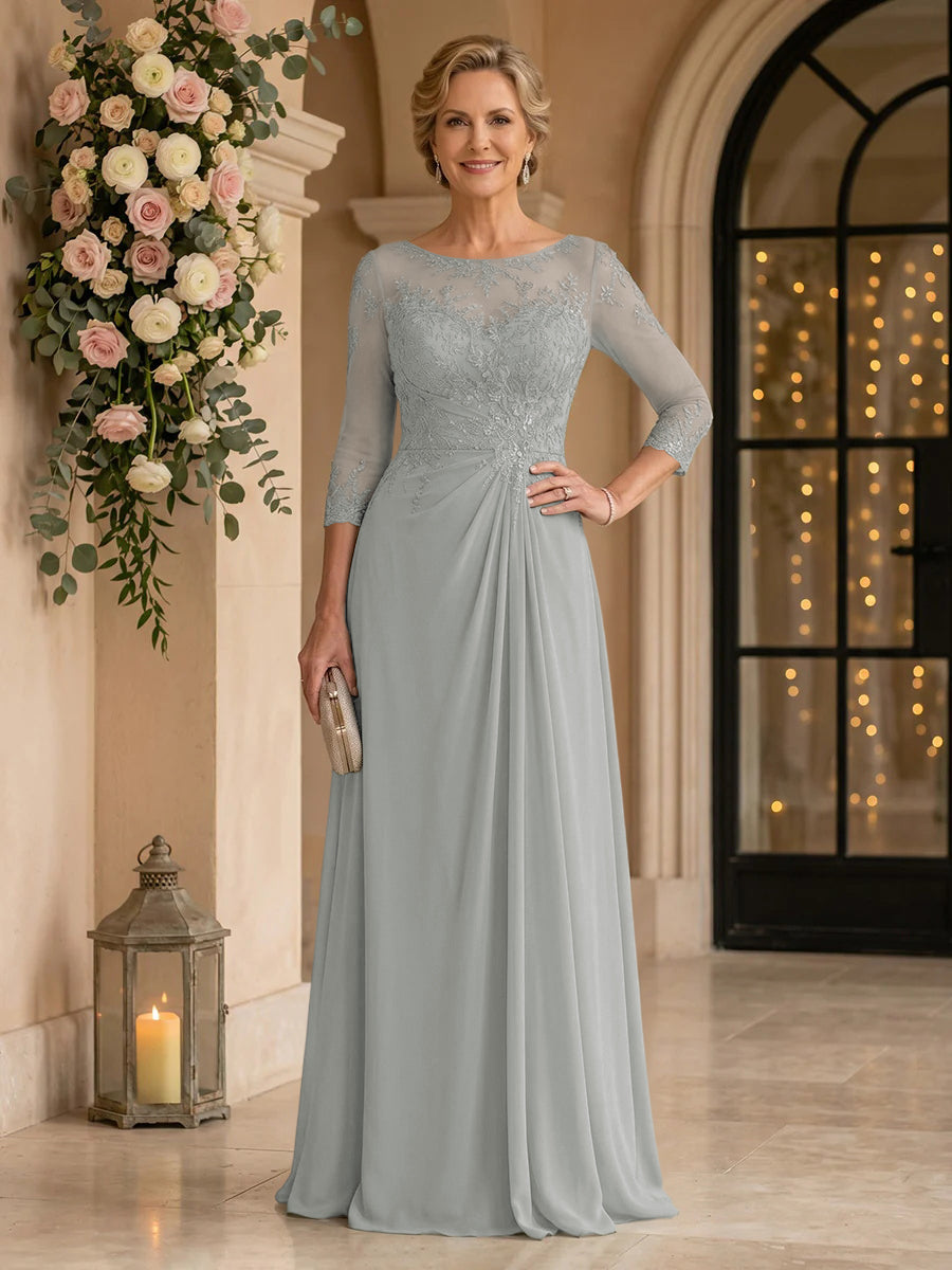 Chiffon Jewel A Line Floor Length Lace Appliques Mother of the Bride/Groom Dresses
