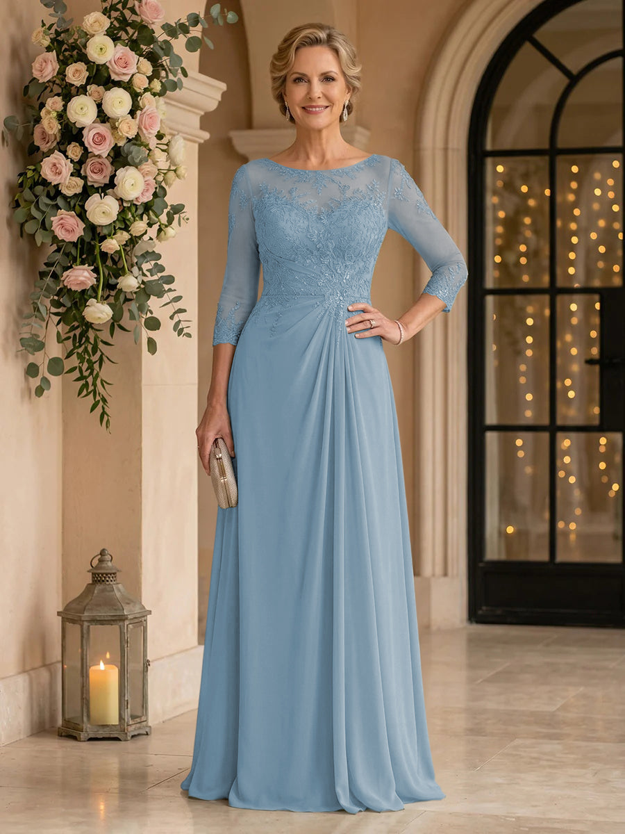 Chiffon Jewel A Line Floor Length Lace Appliques Mother of the Bride/Groom Dresses