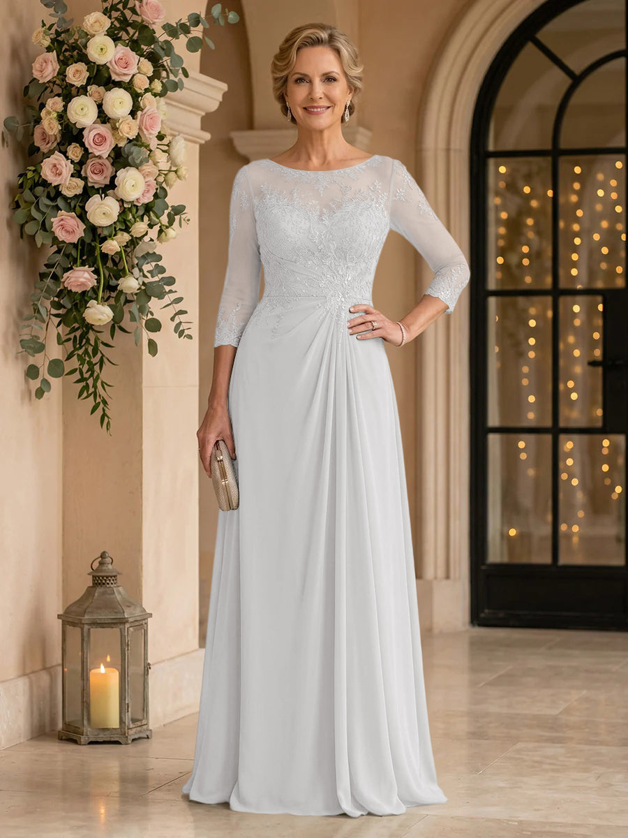 Chiffon Jewel A Line Floor Length Lace Appliques Mother of the Bride/Groom Dresses