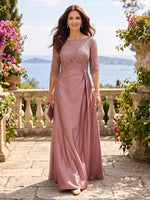 Satin Jewel A Line Floor Length Lace Appliques Mother of the Bride/Groom Dresses