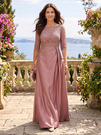 Satin Jewel A Line Floor Length Lace Appliques Mother of the Bride/Groom Dresses