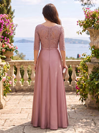 Satin Jewel A Line Floor Length Lace Appliques Mother of the Bride/Groom Dresses