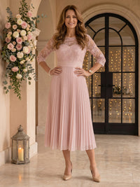 Jewel Chiffon Pleated Lace Mother of the Bride Dresses Tea Length