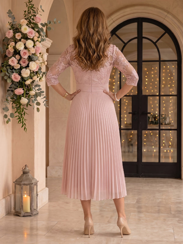 Jewel Chiffon Pleated Lace Mother of the Bride Dresses Tea Length