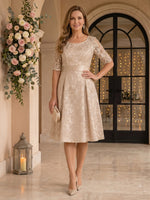 Jewel Lace Short Sleeves Mother of the Bride Dresses Tea Length