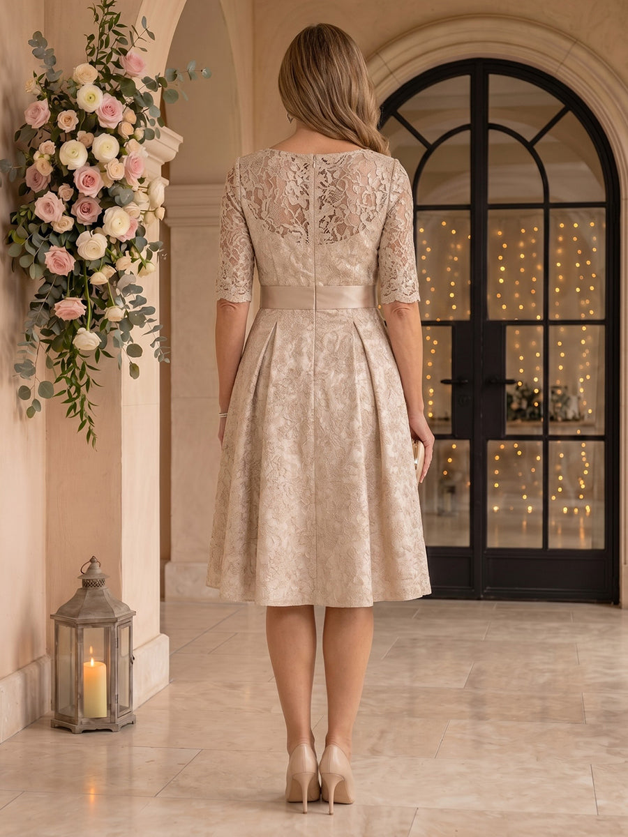 Jewel Lace Short Sleeves Mother of the Bride Dresses Tea Length