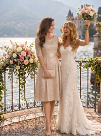 Jewel Lace Short Sleeves Mother of the Bride Dresses Tea Length