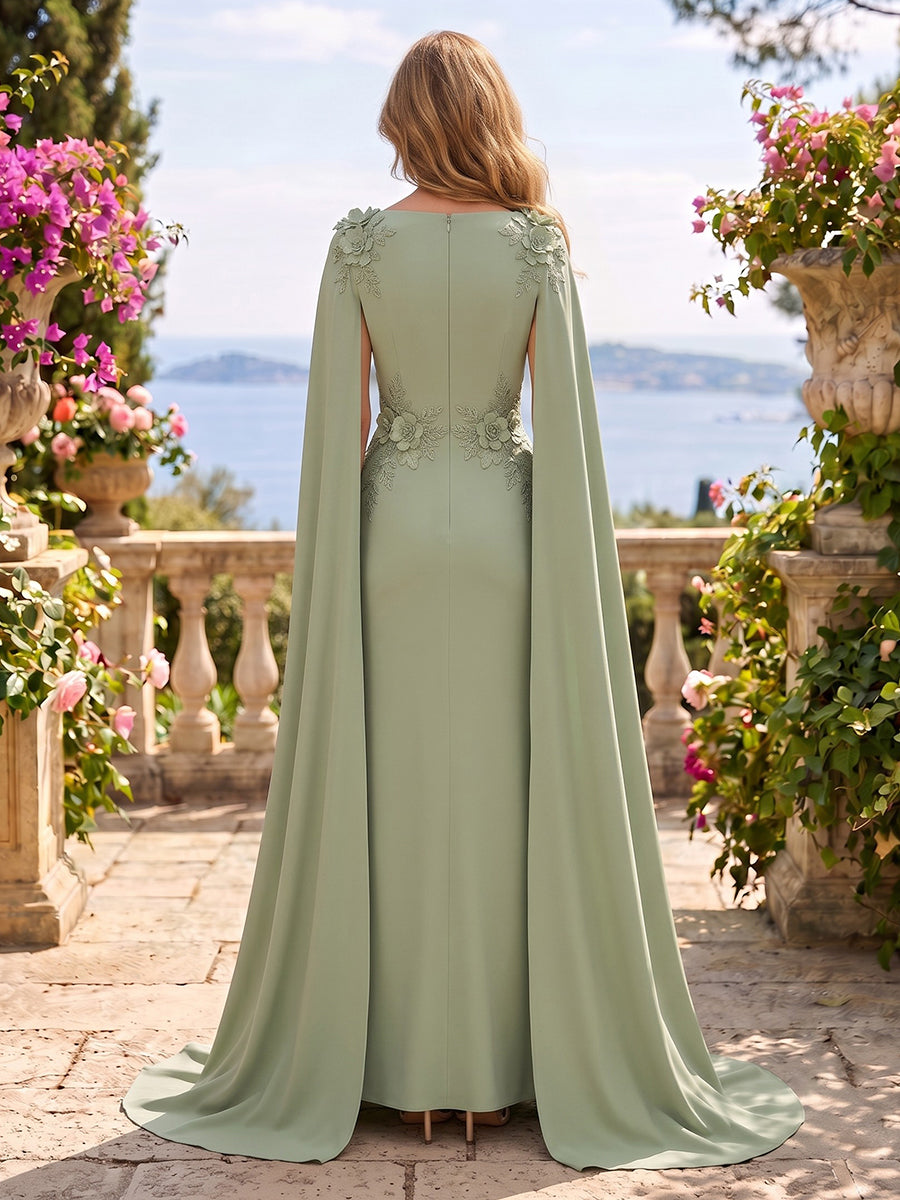 Jewel Lace Mermaid 3D Flower Floor Length Mother of the Bride/Groom Dresses with Cape