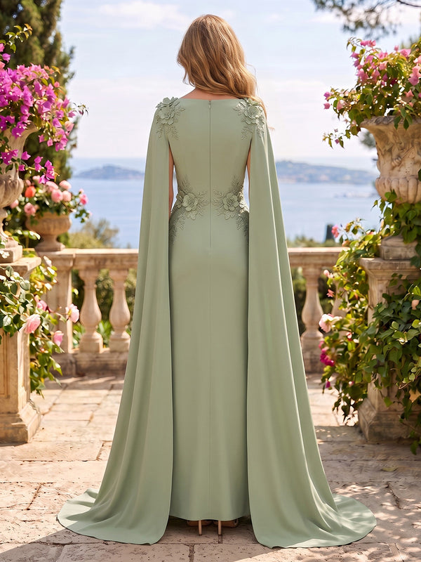 Jewel Lace Mermaid 3D Flower Floor Length Mother of the Bride/Groom Dresses with Cape
