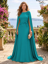 Jewel Lace Mermaid 3D Flower Floor Length Mother of the Bride/Groom Dresses with Cape