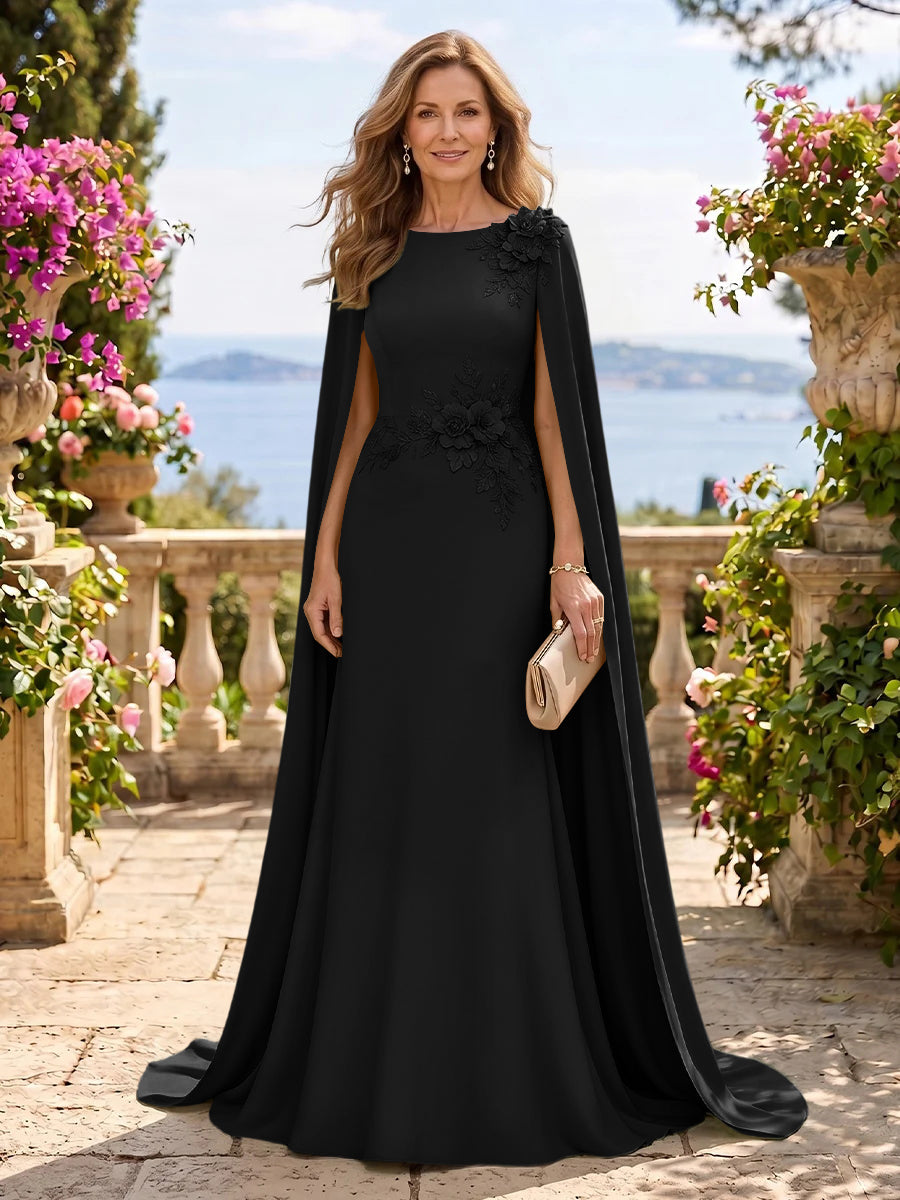 Jewel Lace Mermaid 3D Flower Floor Length Mother of the Bride/Groom Dresses with Cape