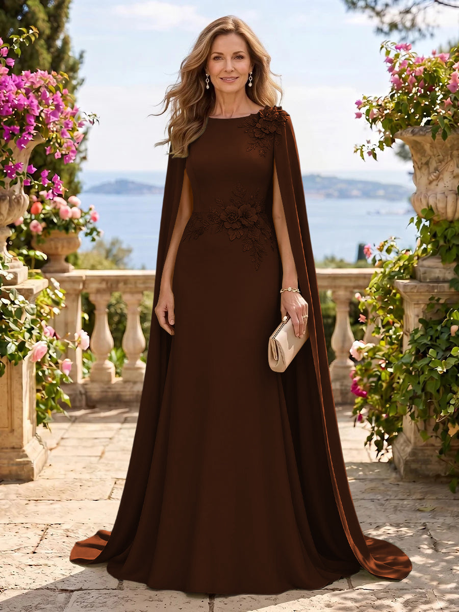 Jewel Lace Mermaid 3D Flower Floor Length Mother of the Bride/Groom Dresses with Cape