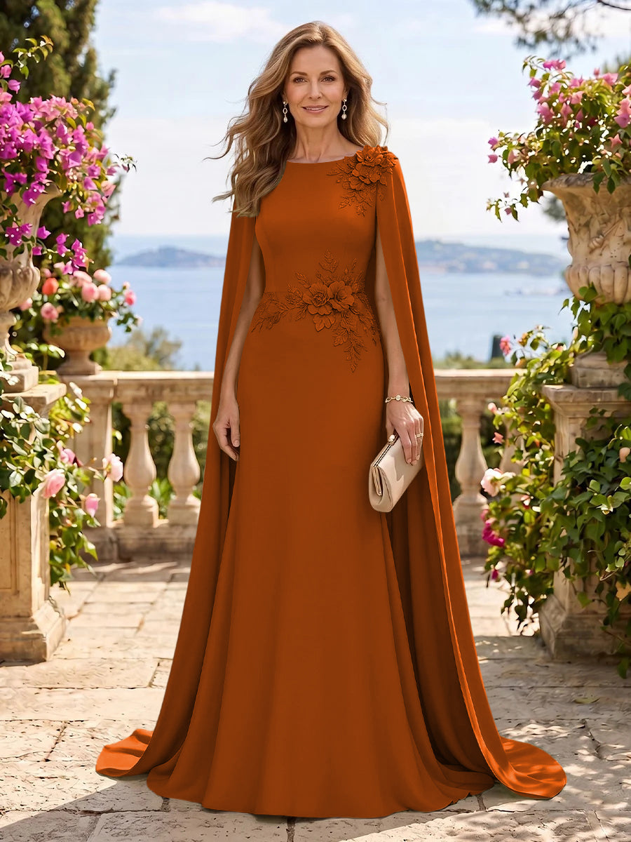 Jewel Lace Mermaid 3D Flower Floor Length Mother of the Bride/Groom Dresses with Cape