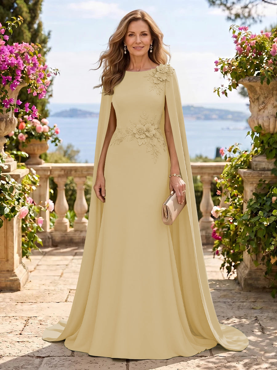 Jewel Lace Mermaid 3D Flower Floor Length Mother of the Bride/Groom Dresses with Cape