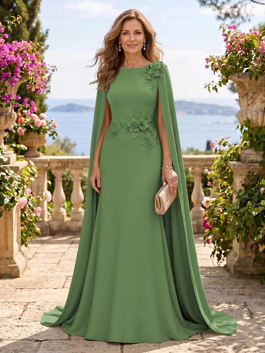 Jewel Lace Mermaid 3D Flower Floor Length Mother of the Bride/Groom Dresses with Cape