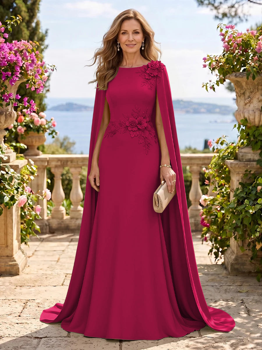 Jewel Lace Mermaid 3D Flower Floor Length Mother of the Bride/Groom Dresses with Cape