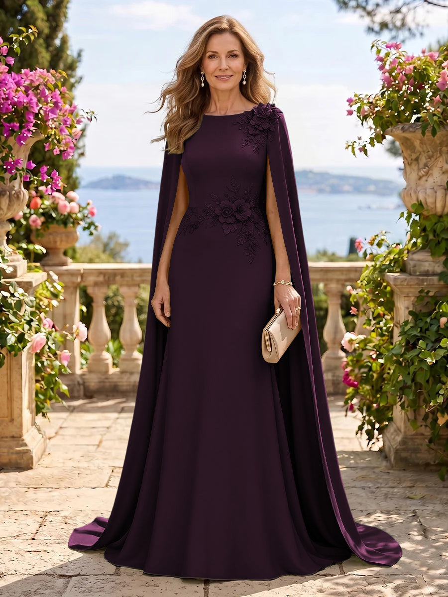 Jewel Lace Mermaid 3D Flower Floor Length Mother of the Bride/Groom Dresses with Cape