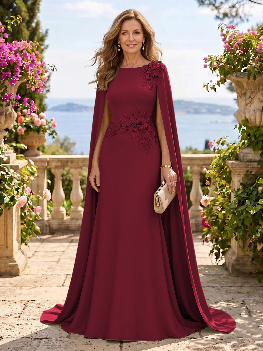 Jewel Lace Mermaid 3D Flower Floor Length Mother of the Bride/Groom Dresses with Cape