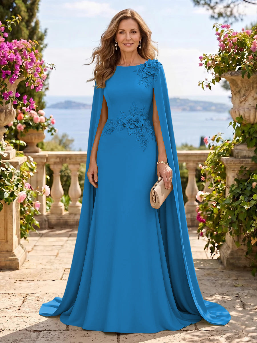Jewel Lace Mermaid 3D Flower Floor Length Mother of the Bride/Groom Dresses with Cape
