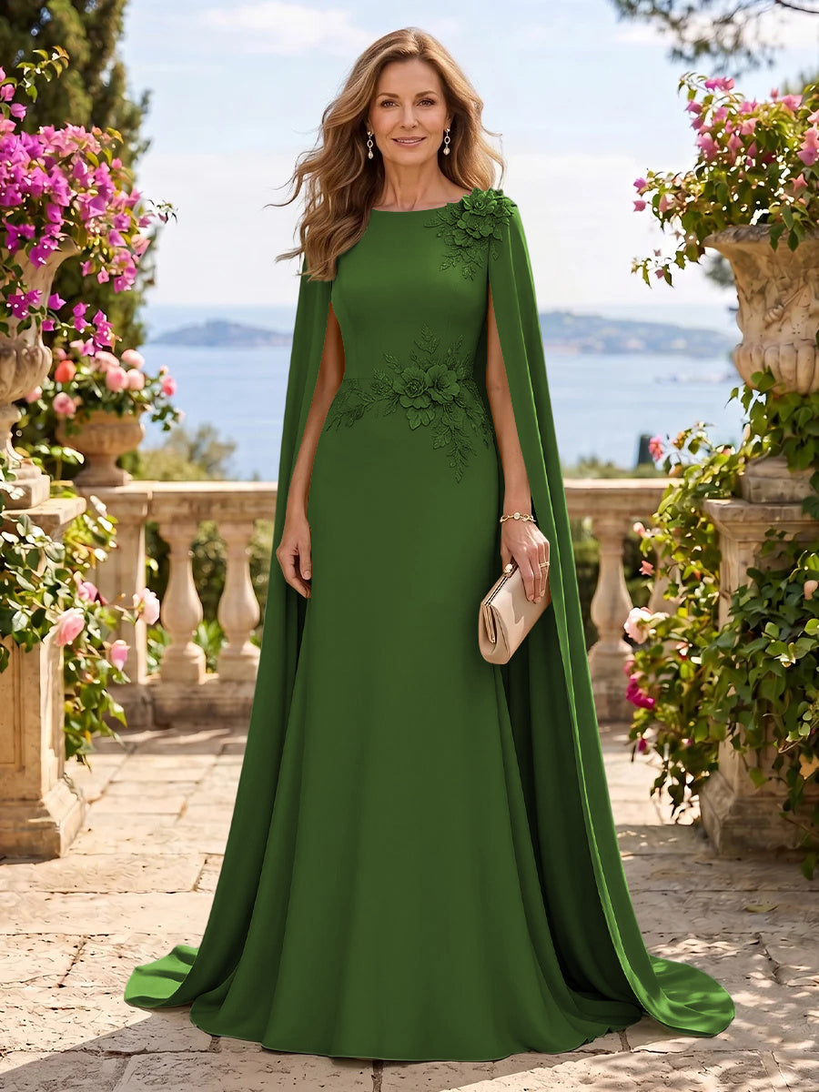 Jewel Lace Mermaid 3D Flower Floor Length Mother of the Bride/Groom Dresses with Cape