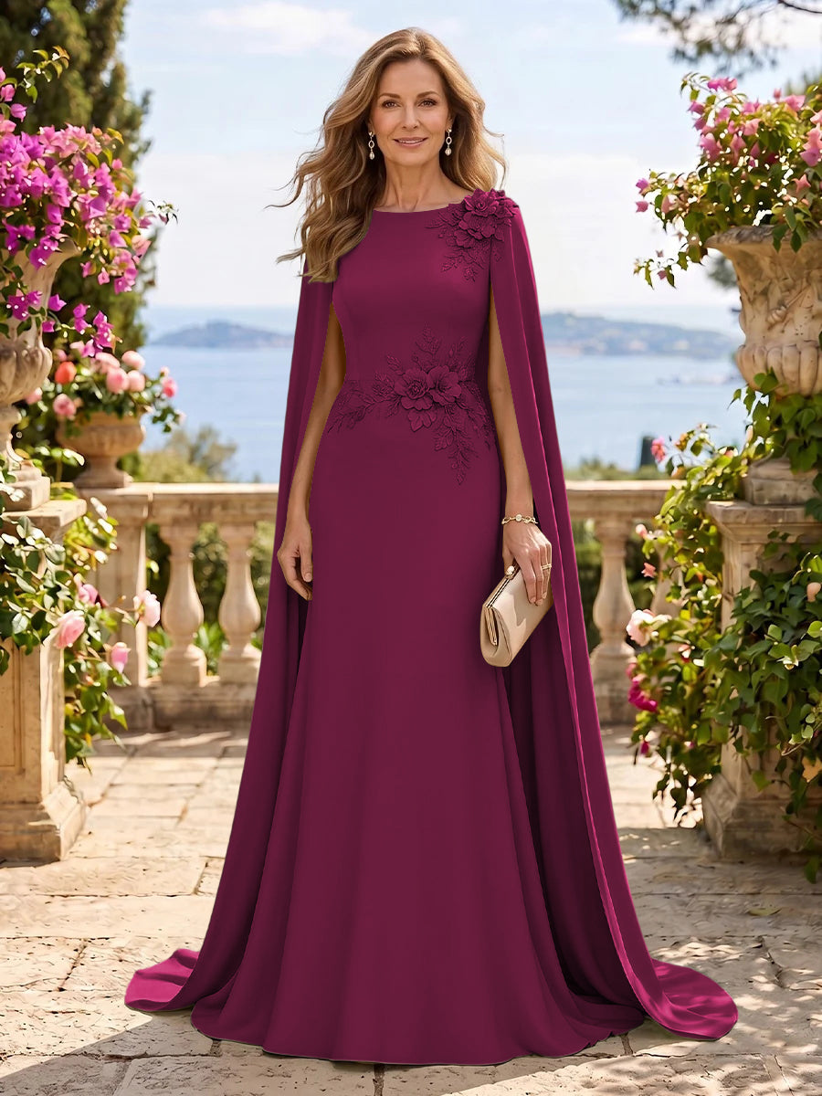 Jewel Lace Mermaid 3D Flower Floor Length Mother of the Bride/Groom Dresses with Cape