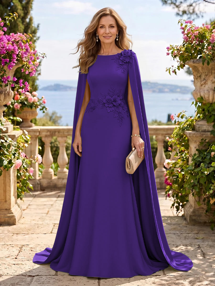 Jewel Lace Mermaid 3D Flower Floor Length Mother of the Bride/Groom Dresses with Cape