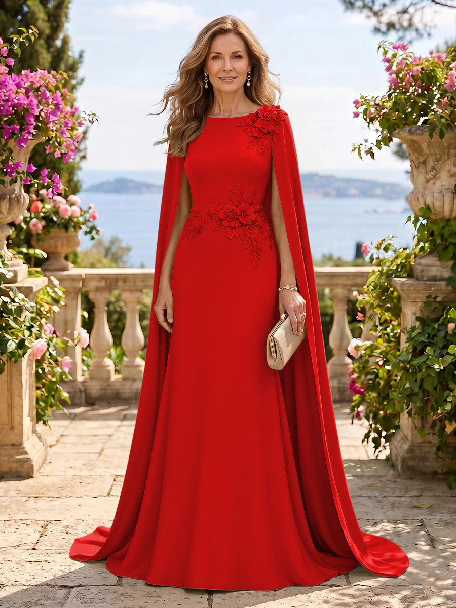 Jewel Lace Mermaid 3D Flower Floor Length Mother of the Bride/Groom Dresses with Cape